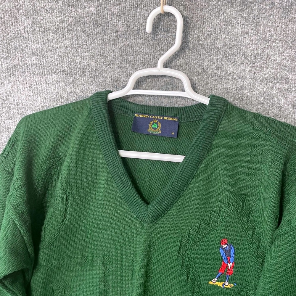 Vintage Blarney Castle Mens Green V-Neck Golf Sweater Made in Ireland Size‎ M